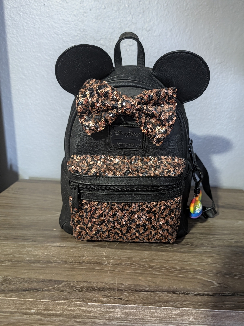 Disney Lounge Fly Black Mini Backpack with Rose Gold Sequin Bow